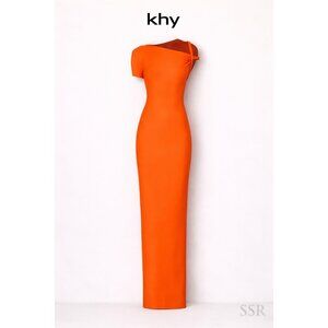 Khy Sleek Stretch Twist Maxi Dress Orange One Shoulder Bodycon Kylie Jenner Sz S